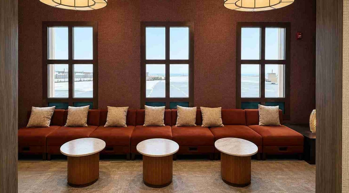 seating along the windows with small tables and charging.