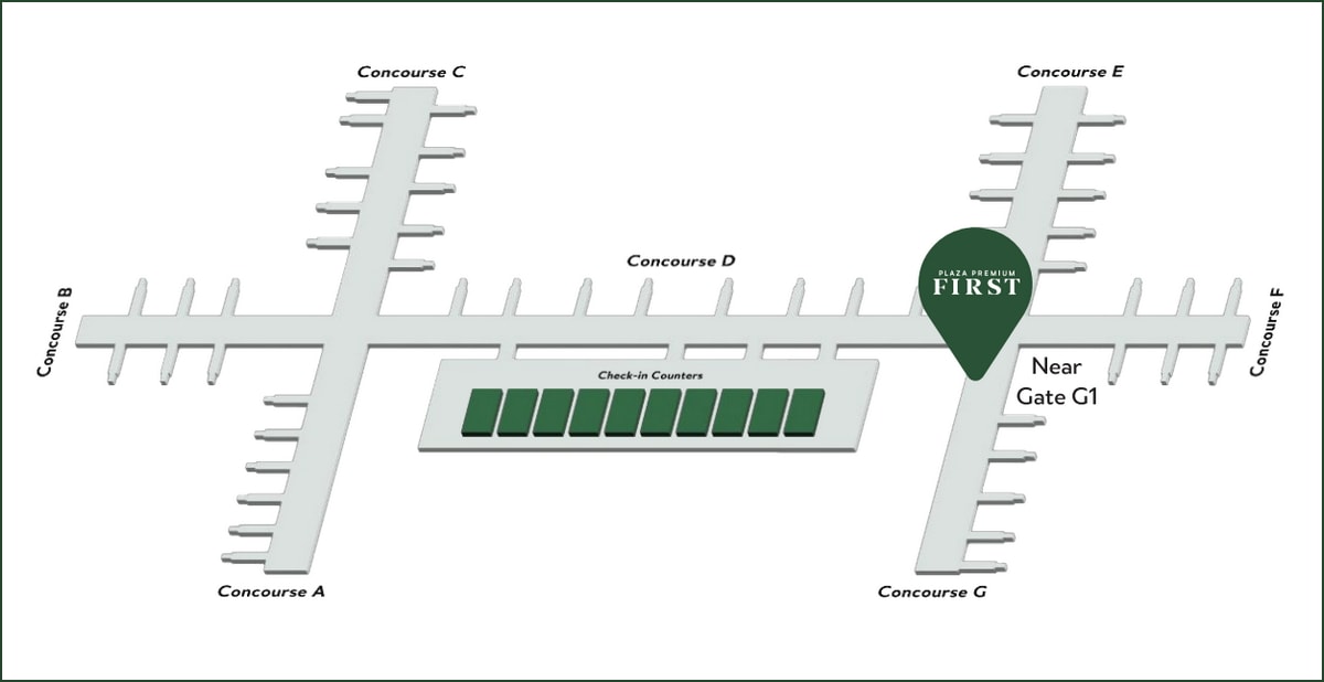 location map, show a marker near gate G1 for the location of the lounge.