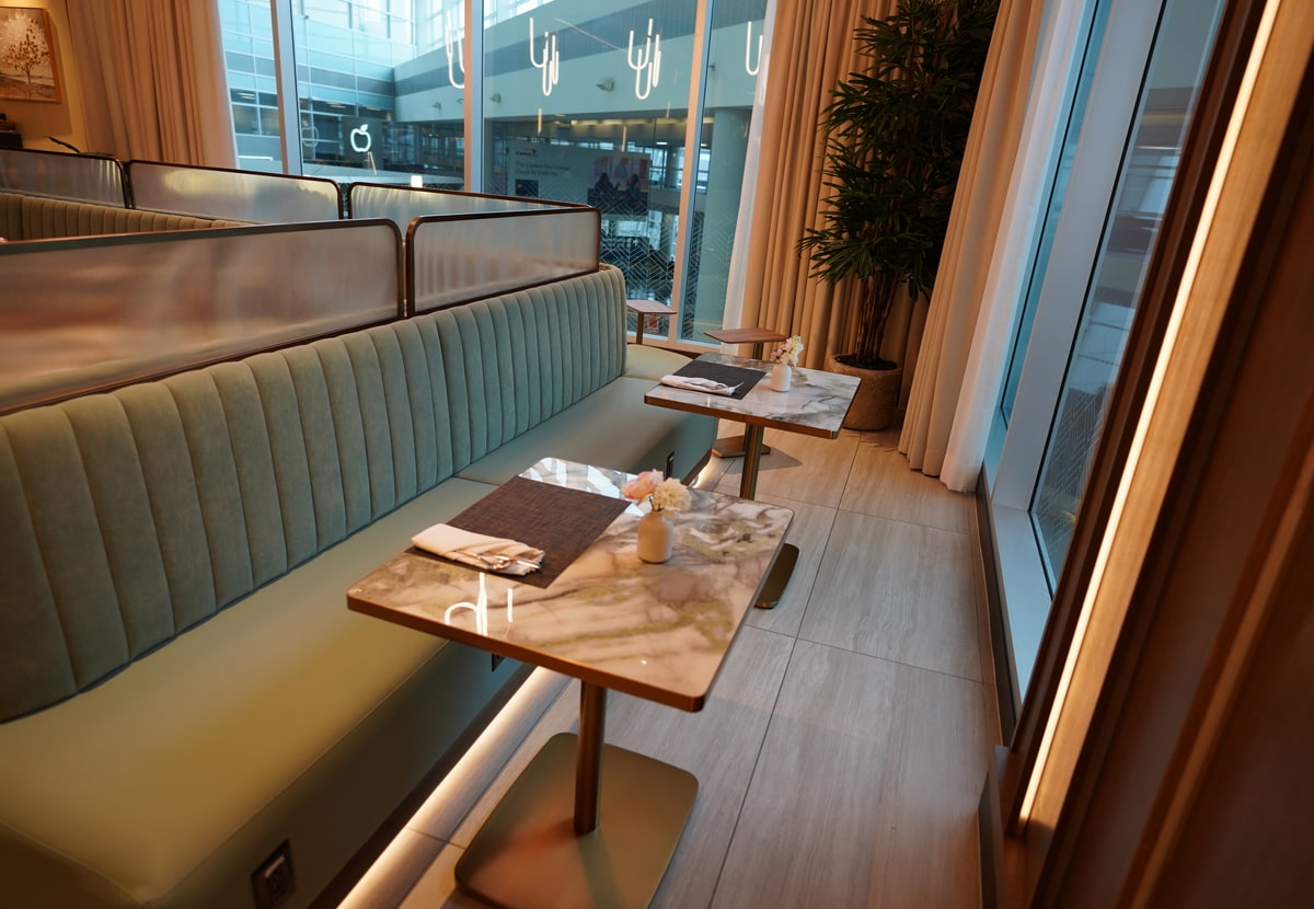 bench seating near windows.