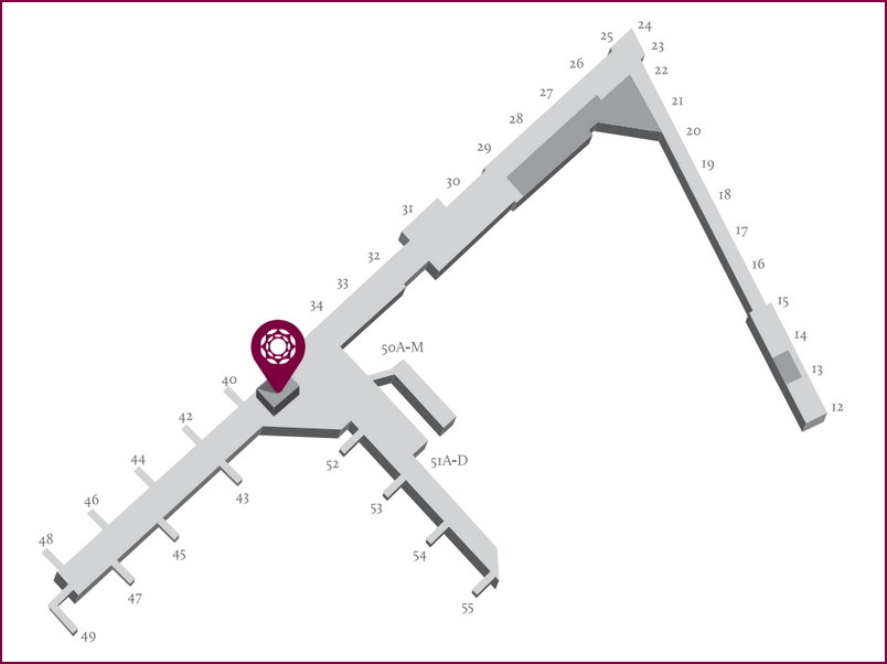 terminal map, showing gates 12 to 55 and an icon near gate 40.