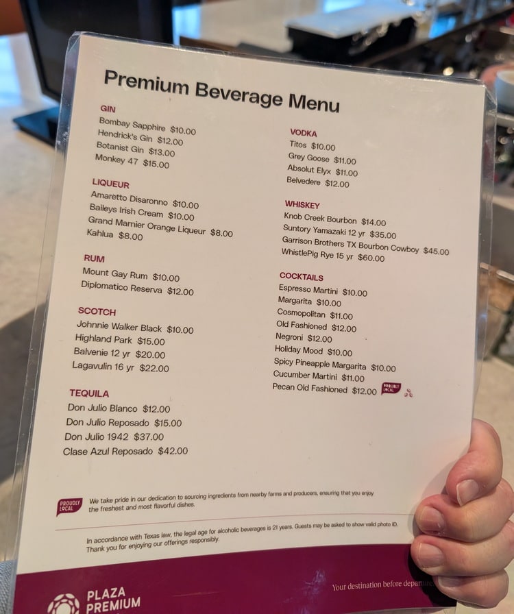 Paid premium beverage menu with prices and types.