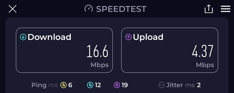 Wi-Fi speed recorded showing 16.6 Mbps down and 4.37 up.