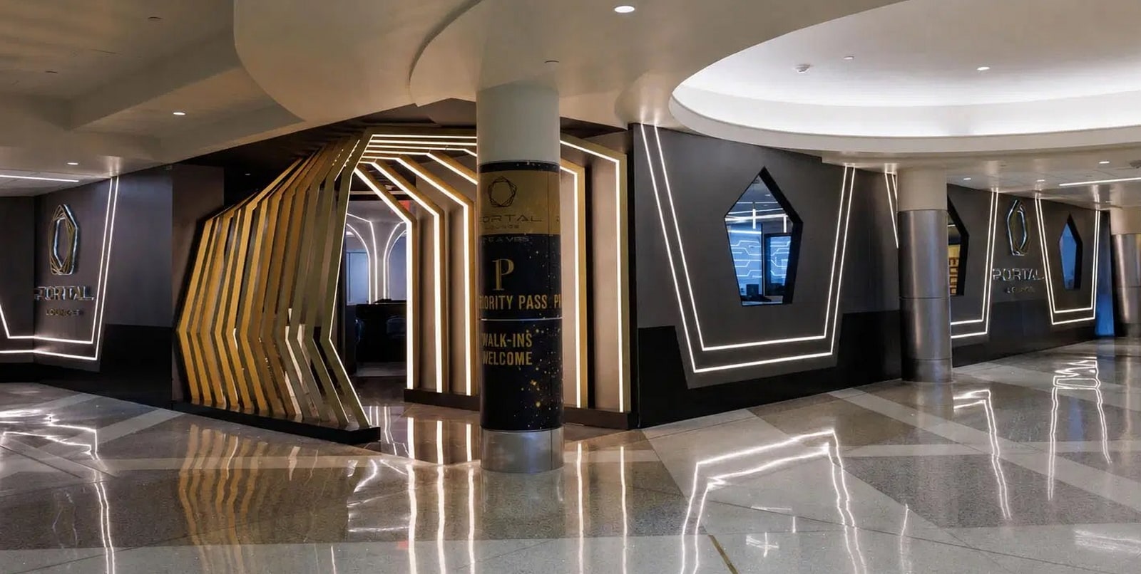 Front view of the Portal Lounge from the outside, showing the entrance and windows viewing into the lounge.