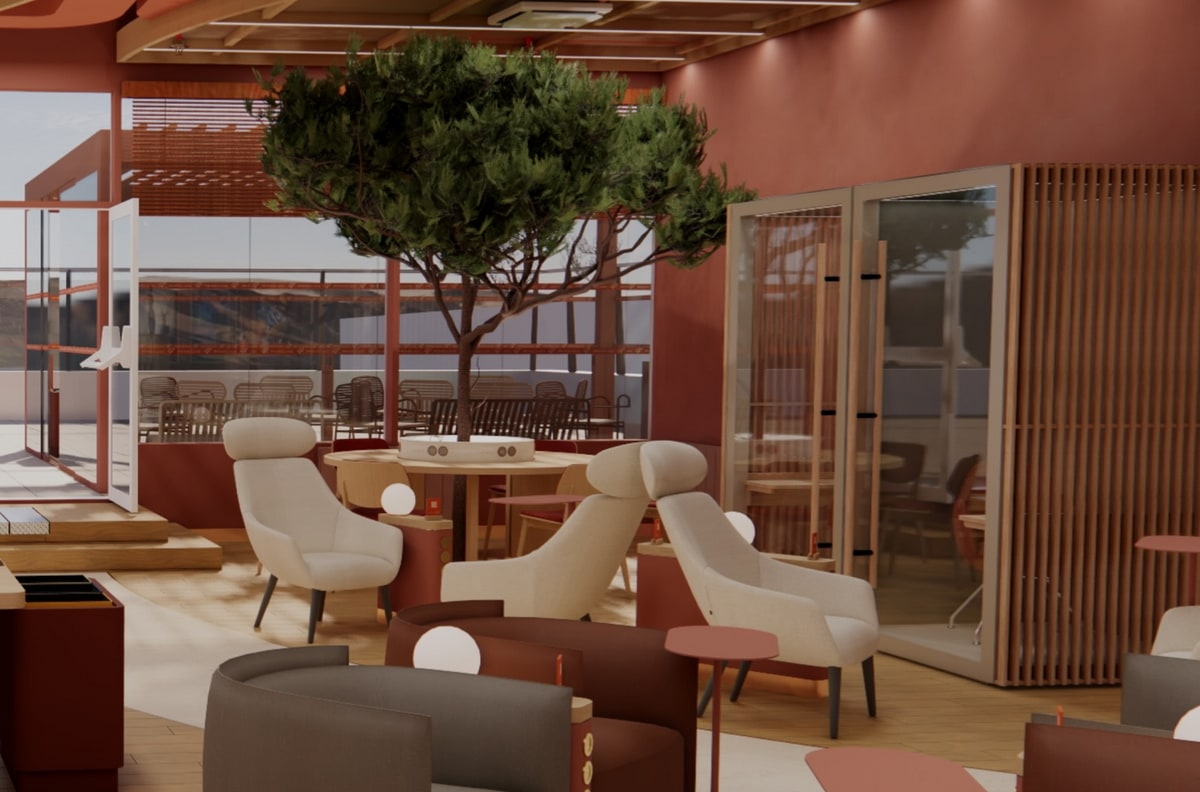 seating area with greenery, tables and sound-proof pods.