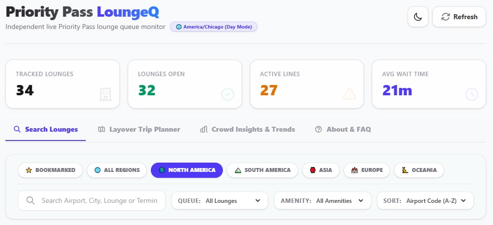Screenshot of the LoungeQ website showing number of lounges and average wait time.