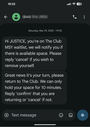 text message, showing my name added to the waitlist at The Club in MSY.