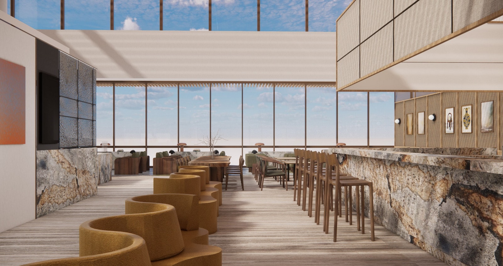 rendering of the dining area, bar and windows in the background.