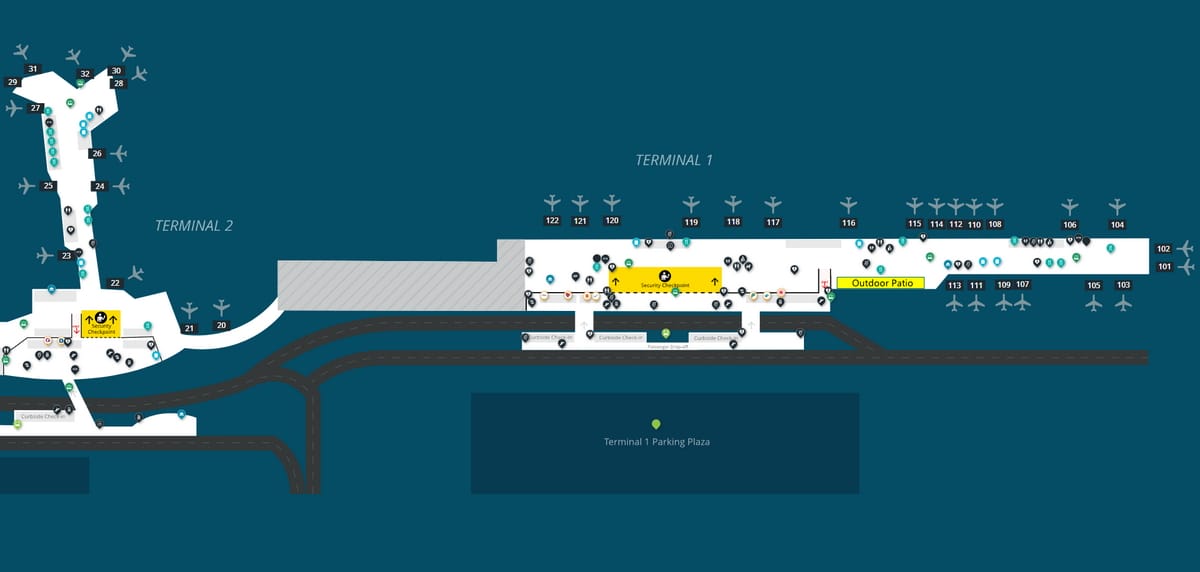 map of Terminal 1, showing the location of the patio near gate 113.