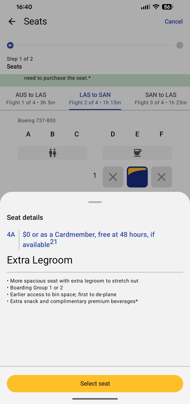confirmation screen showing free charge for seat upgrade.