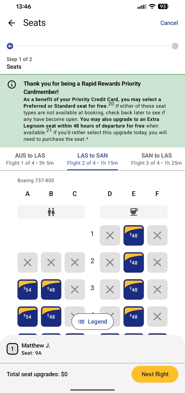 screenshot in app, showing the price of seat upgades ranging from $48 to $54 dollars.