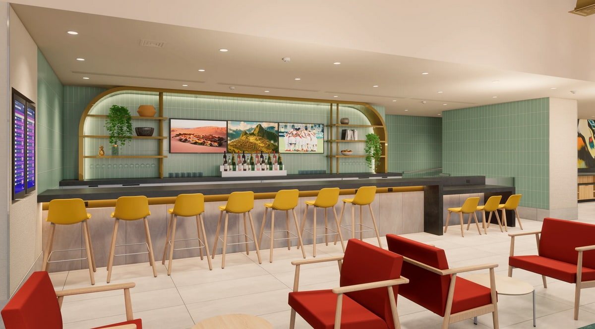 rendering of the bar and seating around the bar.