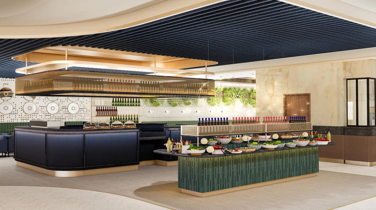 rendering inside the lounge of thebuffet area and bar with some seating.