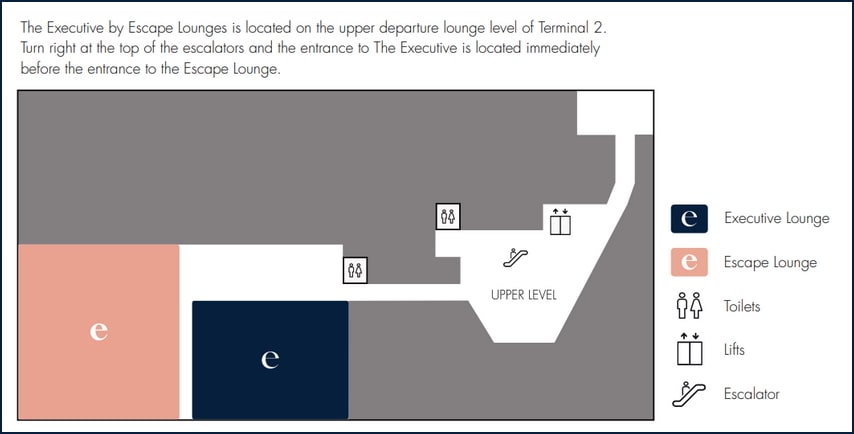 map showing lounge location in terminal. the map shows two lounges, one is the Escape Lounge and the other is The Executive directly beside it, with a nearby elevator.