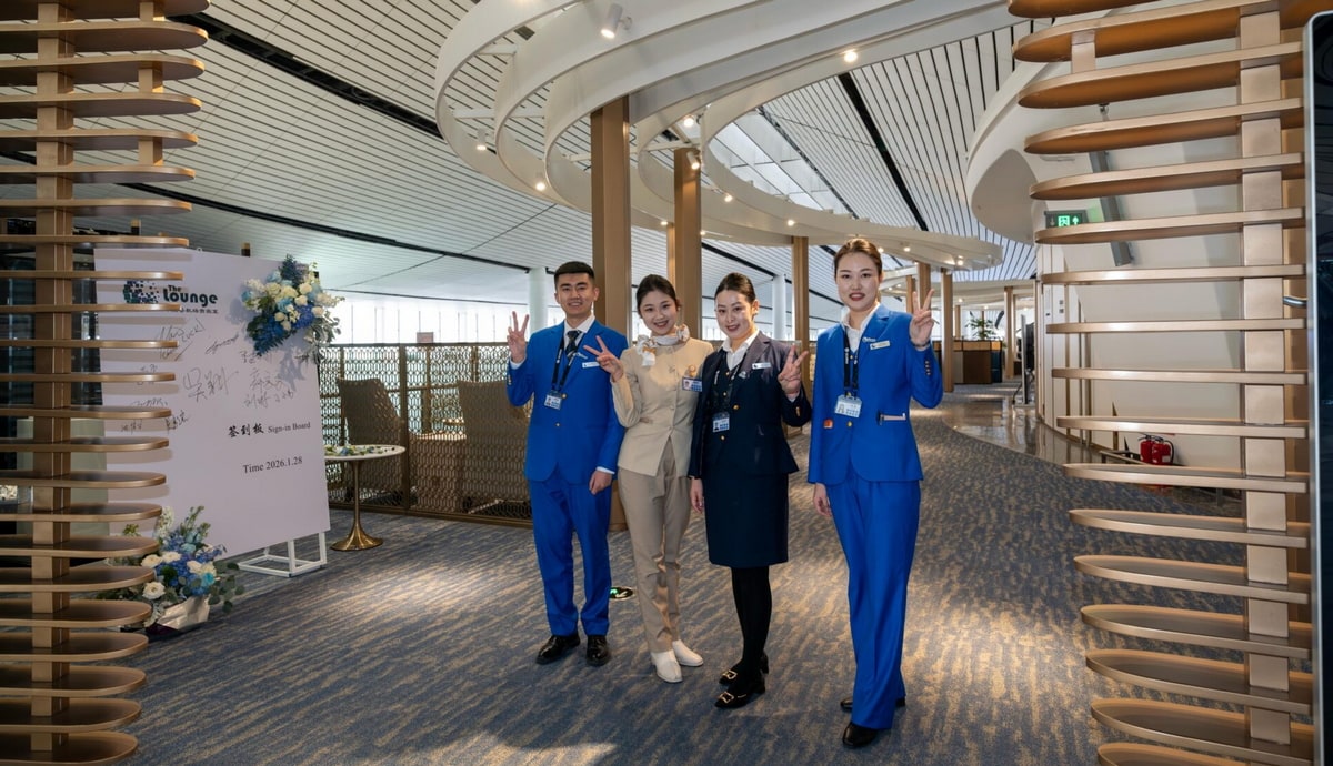 Four people standing at the entance of The Lounge, giving a peace sign with their hands.