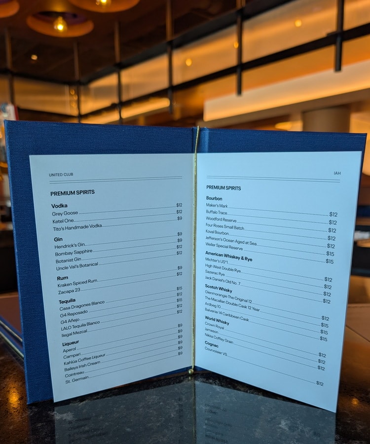 spirits menu.