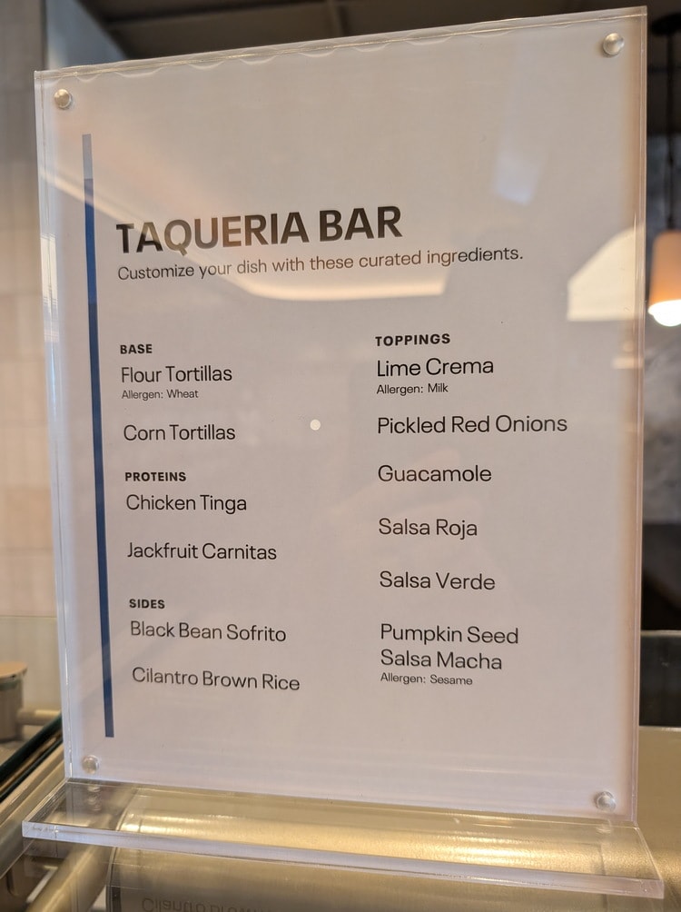 menu for items at the Taqueria bar.