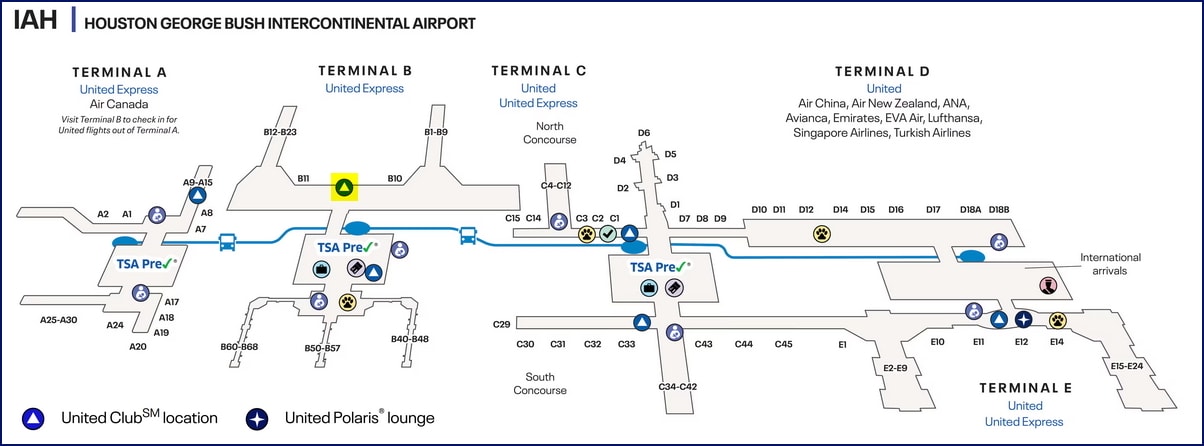 terminal map of houston, showing the locations of United Clubs.