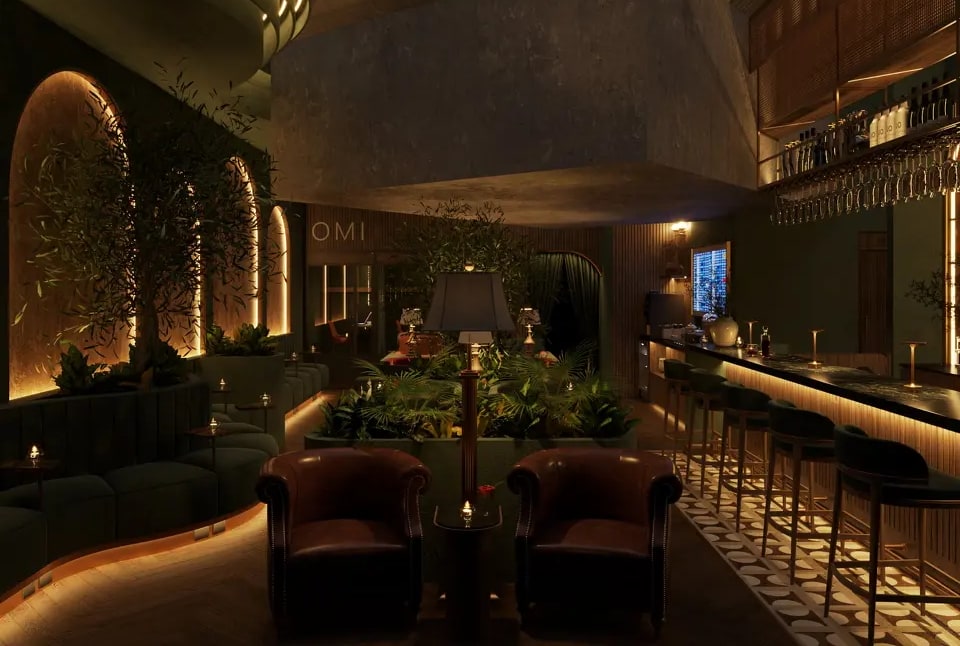 rendering of the speakeasy lounge with bar and seating area.