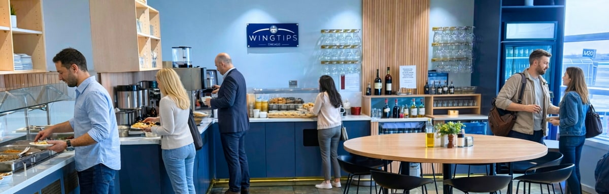Buffet, beverage, and dining area in the Wingtips lounge, with seating and windows in the background.