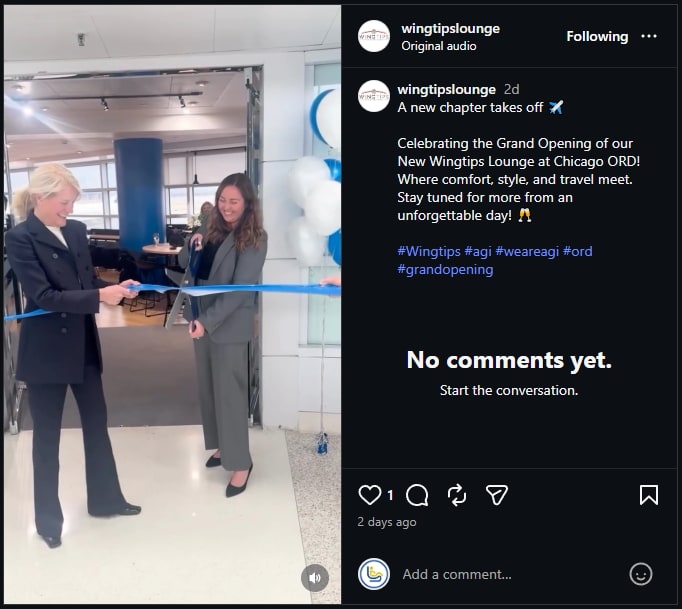 ribbon cutting at the entrance of the Wingtips lounge in ORD, with two people cutting the ribbon.