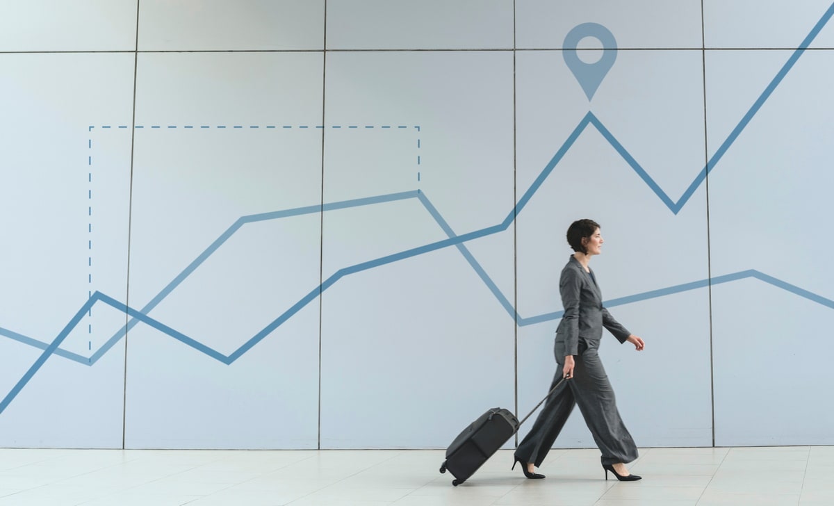 Person walking with a bag and growth chart in the background.